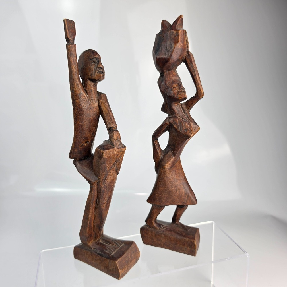 Vintage African Hand Carved Wood Man Woman Pair Standing Folk Art Figurines‎